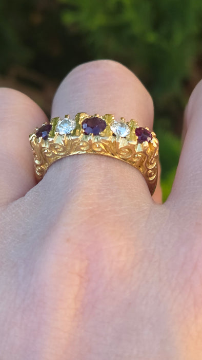 6519 Vintage: 18ct Yellow Gold Ruby & Diamond Five-Stone Carved Half Hoop Ring — From 1978