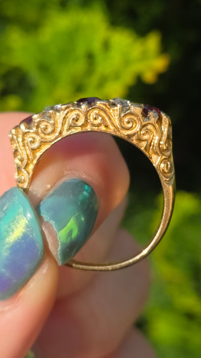 6519 Vintage: 18ct Yellow Gold Ruby & Diamond Five-Stone Carved Half Hoop Ring — From 1978