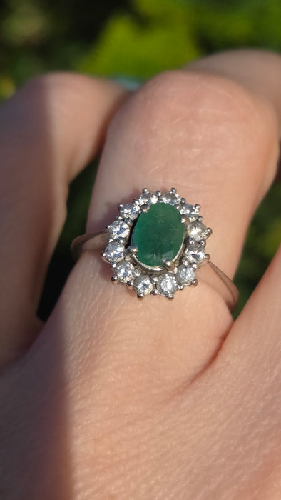 6512  Modern: 18ct White Gold Emerald & Diamond Oval Cluster Ring — From 2016