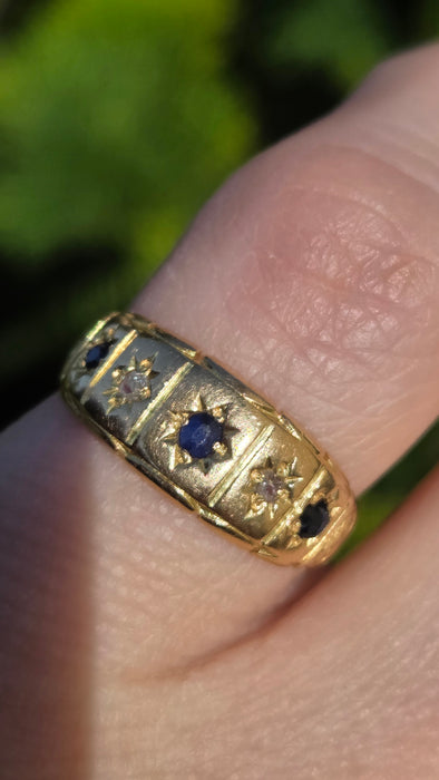 6511 Antique: Victorian 18ct Yellow Gold Sapphire & Rose Cut Diamond Five-Stone Half Hoop Ring