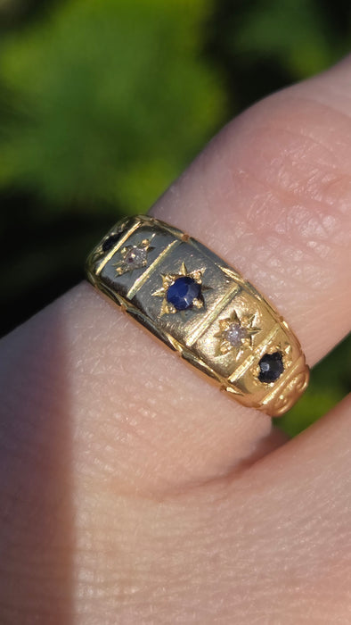 6511 Antique: Victorian 18ct Yellow Gold Sapphire & Rose Cut Diamond Five-Stone Half Hoop Ring