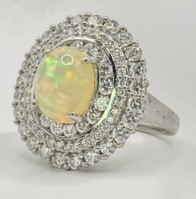 3237 Vintage: 18ct White Gold Opal & Diamond Double Halo Cluster Ring