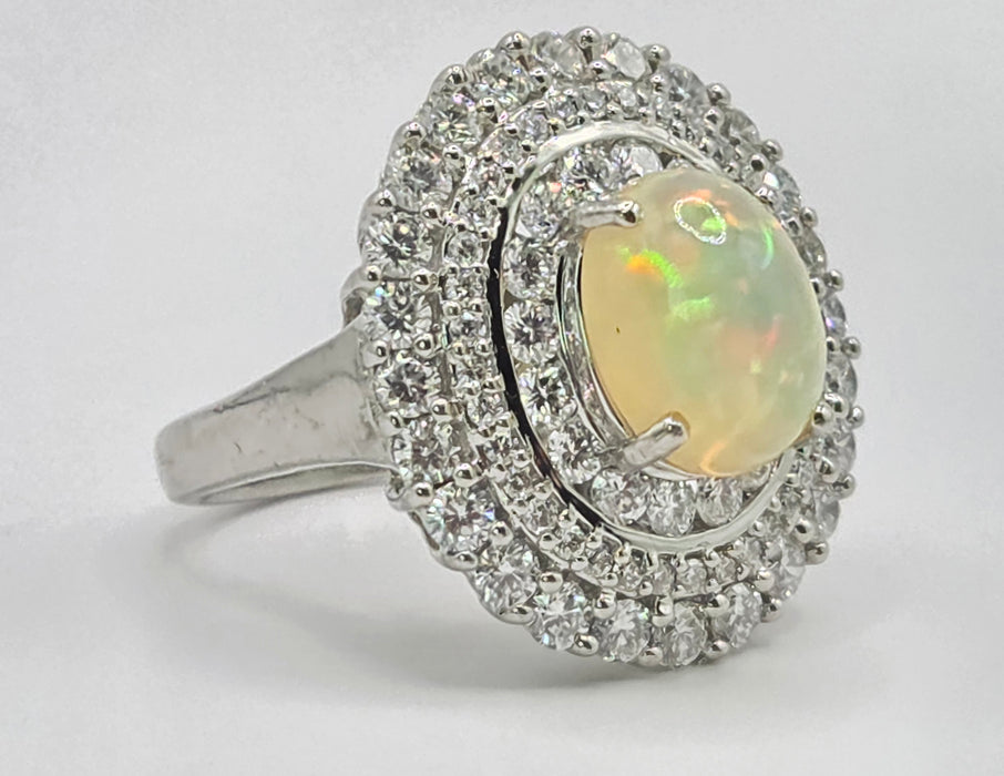3237 Vintage: 18ct White Gold Opal & Diamond Double Halo Cluster Ring