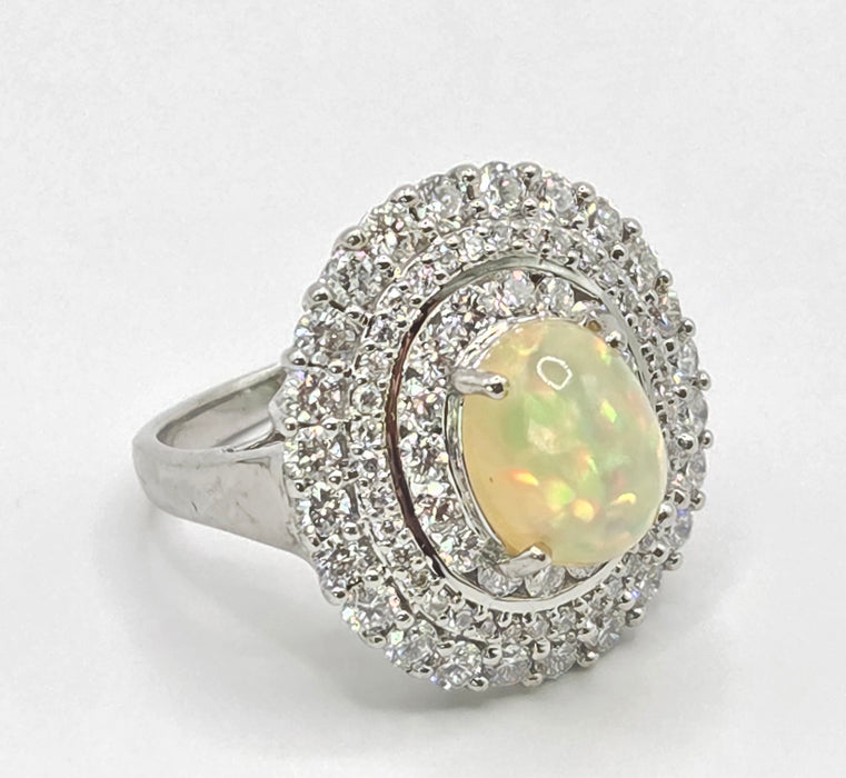 3237 Vintage: 18ct White Gold Opal & Diamond Double Halo Cluster Ring