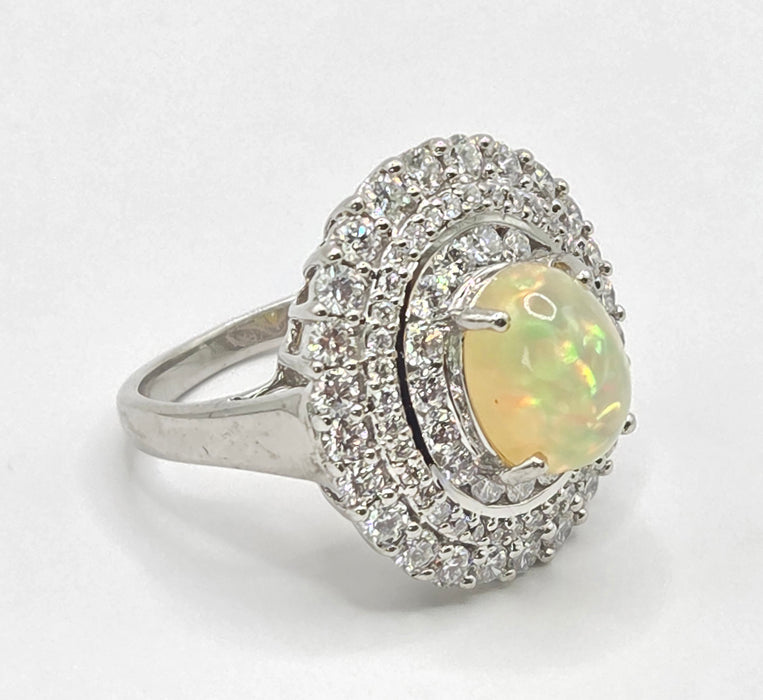 3237 Vintage: 18ct White Gold Opal & Diamond Double Halo Cluster Ring
