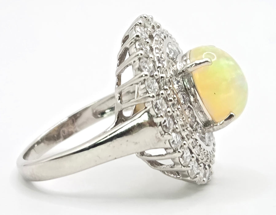 3237 Vintage: 18ct White Gold Opal & Diamond Double Halo Cluster Ring