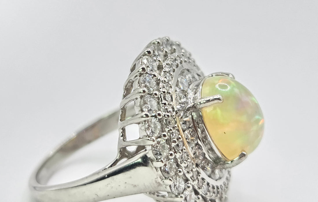 3237 Vintage: 18ct White Gold Opal & Diamond Double Halo Cluster Ring