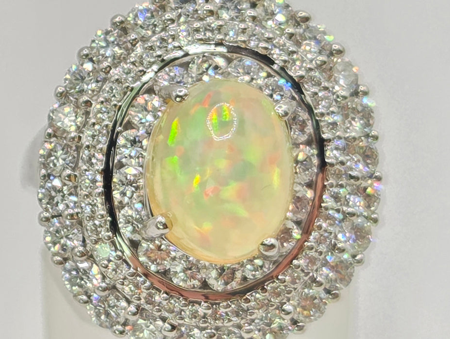 3237 Vintage: 18ct White Gold Opal & Diamond Double Halo Cluster Ring