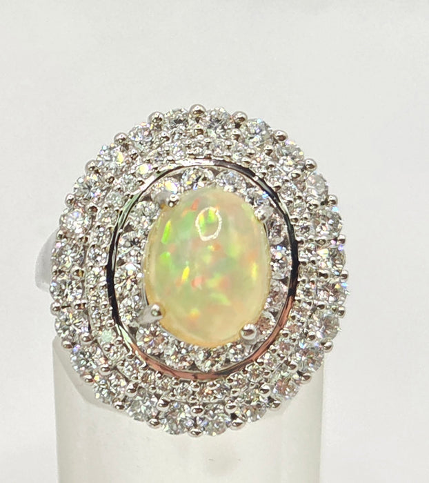 3237 Vintage: 18ct White Gold Opal & Diamond Double Halo Cluster Ring