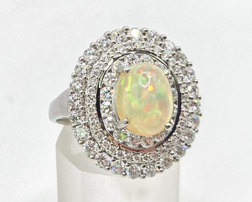 3237 Vintage: 18ct White Gold Opal & Diamond Double Halo Cluster Ring