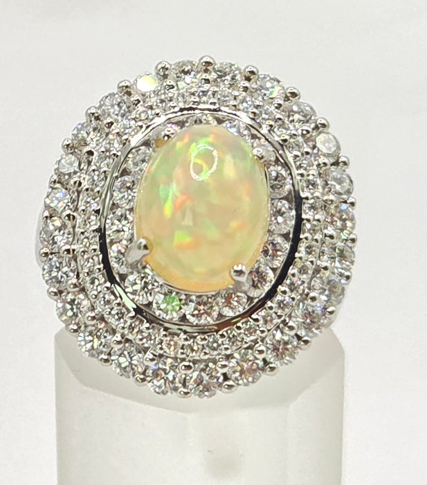 3237 Vintage: 18ct White Gold Opal & Diamond Double Halo Cluster Ring