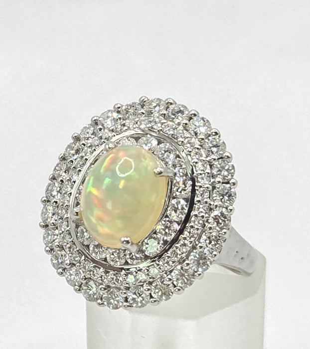 3237 Vintage: 18ct White Gold Opal & Diamond Double Halo Cluster Ring