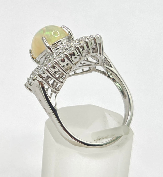 3237 Vintage: 18ct White Gold Opal & Diamond Double Halo Cluster Ring