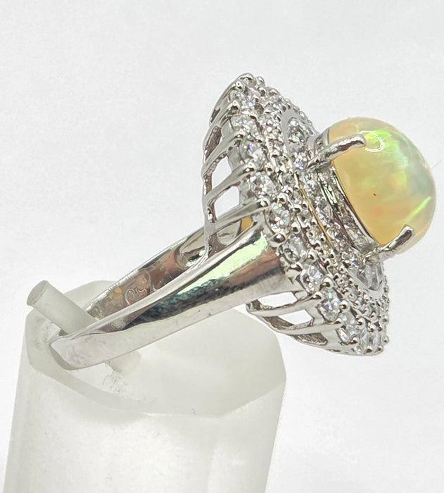 3237 Vintage: 18ct White Gold Opal & Diamond Double Halo Cluster Ring