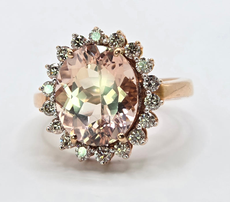 3266 Vintage: 9ct Rose Gold Morganite & Diamond Halo Cluster Ring