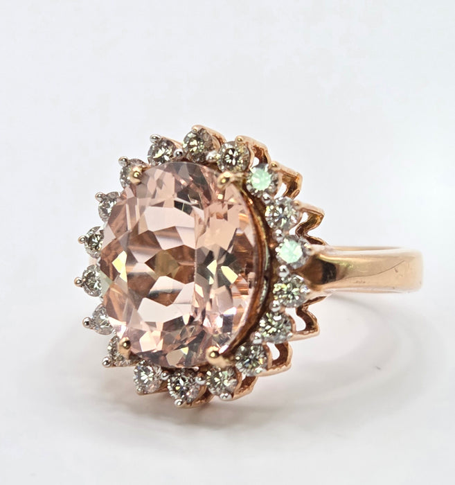 3266 Vintage: 9ct Rose Gold Morganite & Diamond Halo Cluster Ring