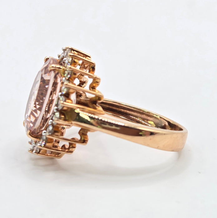 3266 Vintage: 9ct Rose Gold Morganite & Diamond Halo Cluster Ring