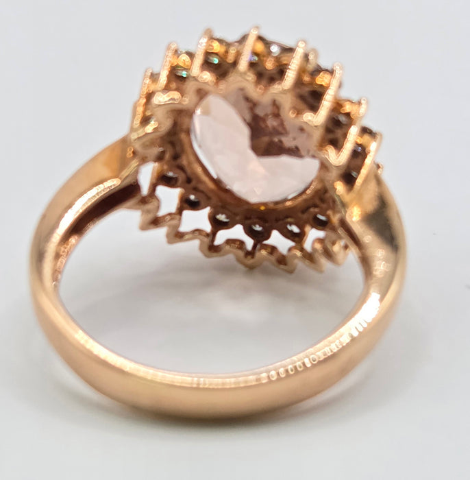 3266 Vintage: 9ct Rose Gold Morganite & Diamond Halo Cluster Ring
