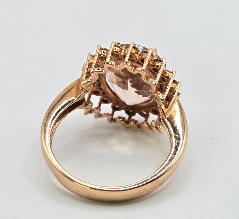 3266 Vintage: 9ct Rose Gold Morganite & Diamond Halo Cluster Ring