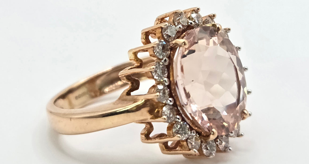 3266 Vintage: 9ct Rose Gold Morganite & Diamond Halo Cluster Ring