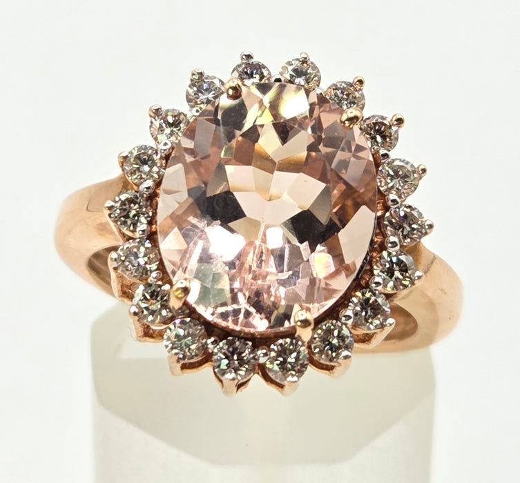 3266 Vintage: 9ct Rose Gold Morganite & Diamond Halo Cluster Ring