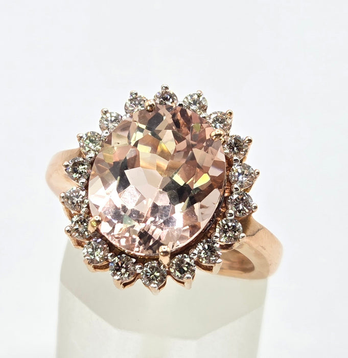 3266 Vintage: 9ct Rose Gold Morganite & Diamond Halo Cluster Ring