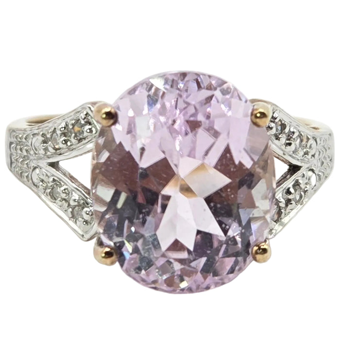 3267 Vintage: 9ct Yellow Gold Kunzite & Diamond Solitaire Ring