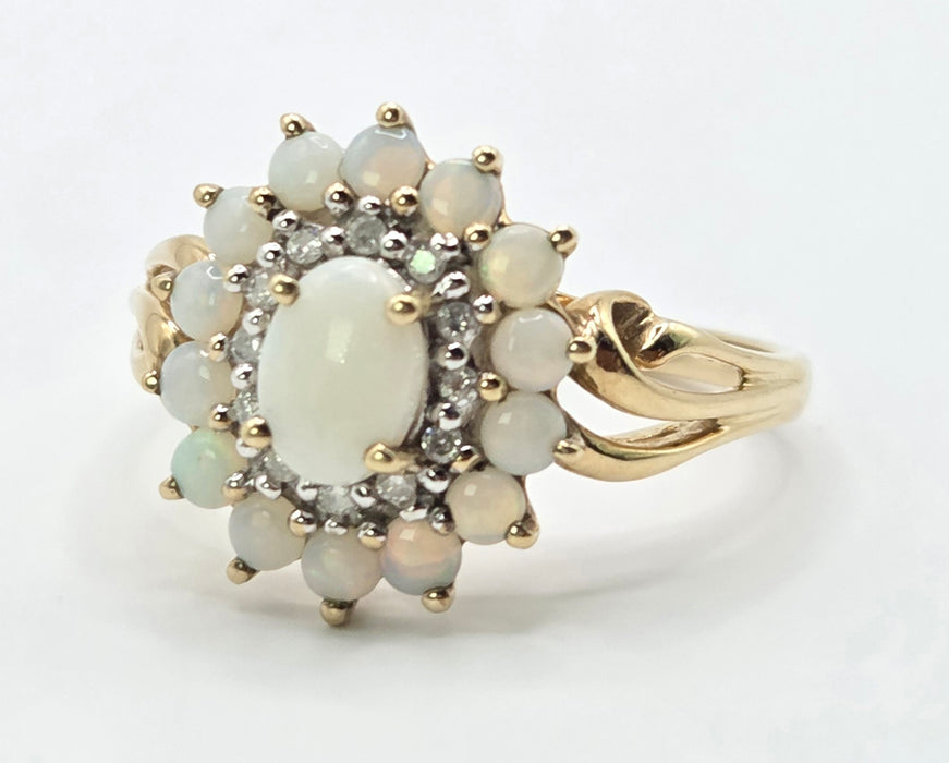 3269 Vintage: 9ct Yellow Gold Opal & Diamond Double Cluster Ring