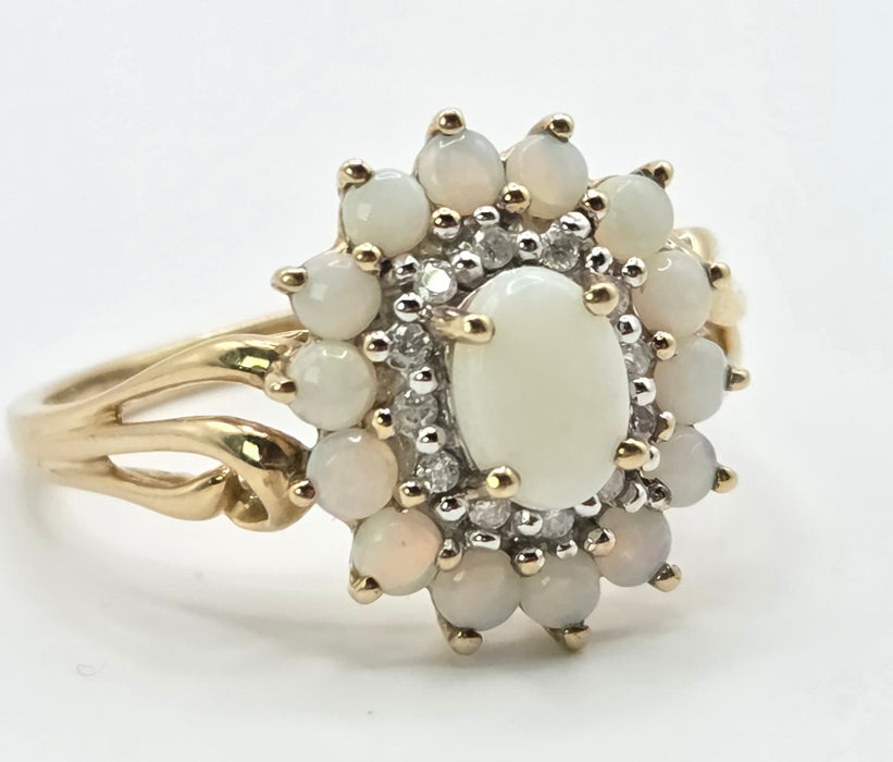 3269 Vintage: 9ct Yellow Gold Opal & Diamond Double Cluster Ring