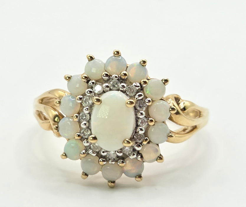3269 Vintage: 9ct Yellow Gold Opal & Diamond Double Cluster Ring