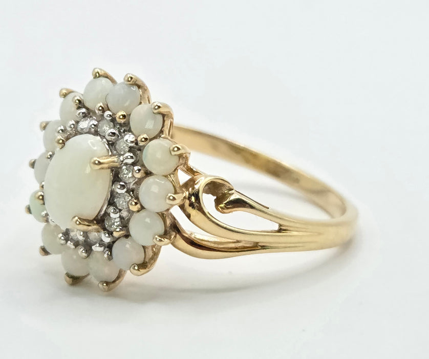 3269 Vintage: 9ct Yellow Gold Opal & Diamond Double Cluster Ring