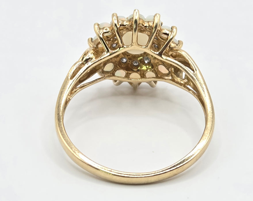 3269 Vintage: 9ct Yellow Gold Opal & Diamond Double Cluster Ring