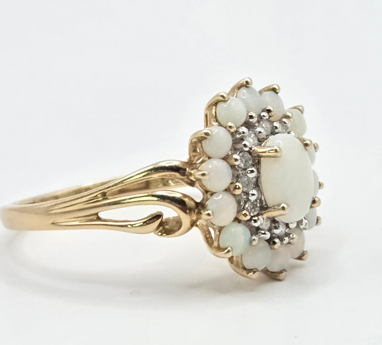 3269 Vintage: 9ct Yellow Gold Opal & Diamond Double Cluster Ring
