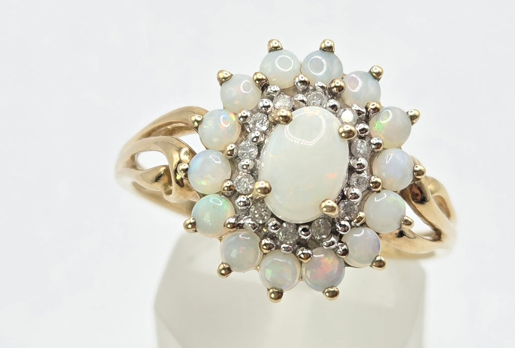 3269 Vintage: 9ct Yellow Gold Opal & Diamond Double Cluster Ring