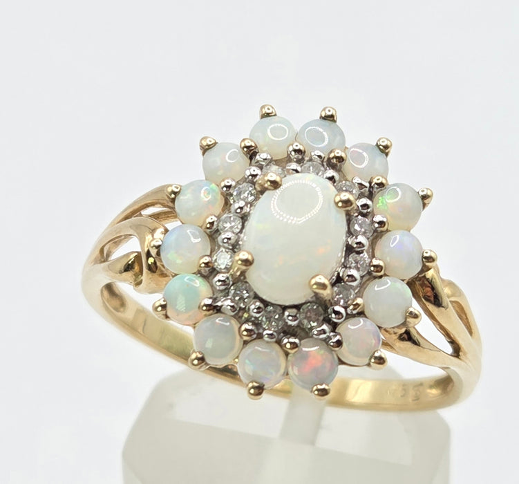 3269 Vintage: 9ct Yellow Gold Opal & Diamond Double Cluster Ring