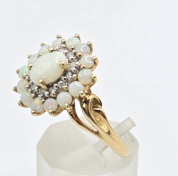 3269 Vintage: 9ct Yellow Gold Opal & Diamond Double Cluster Ring