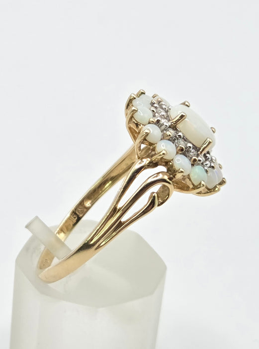 3269 Vintage: 9ct Yellow Gold Opal & Diamond Double Cluster Ring