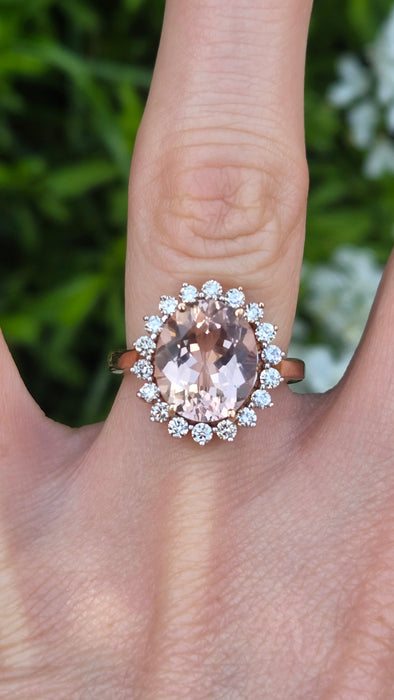 3266 Vintage: 9ct Rose Gold Morganite & Diamond Halo Cluster Ring