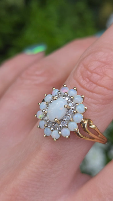 3269 Vintage: 9ct Yellow Gold Opal & Diamond Double Cluster Ring