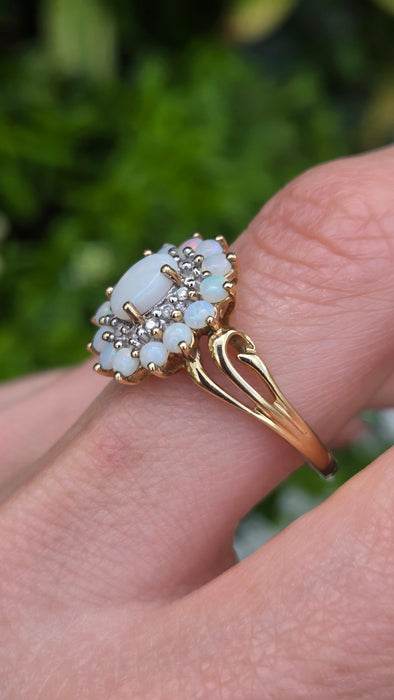 3269 Vintage: 9ct Yellow Gold Opal & Diamond Double Cluster Ring