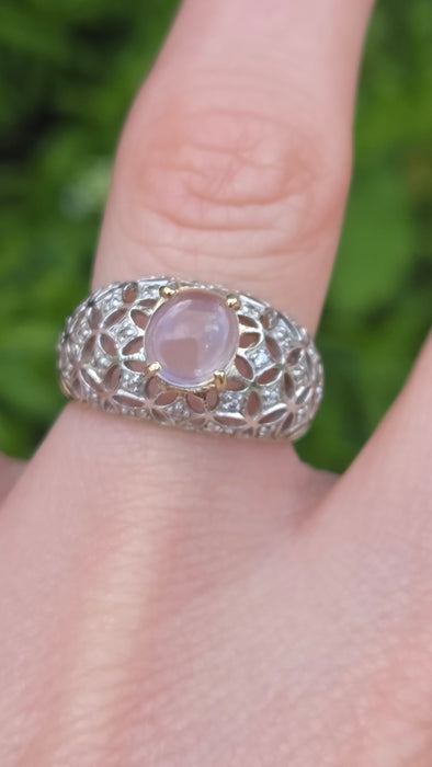 6555 Vintage: 9ct Yellow Gold Moonstone & Diamond Filigree Dome Ring