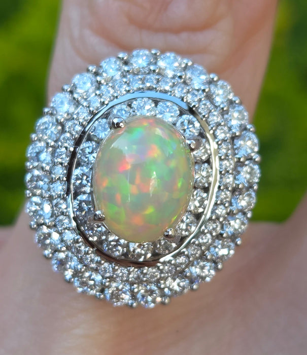3237 Vintage: 18ct White Gold Opal & Diamond Double Halo Cluster Ring