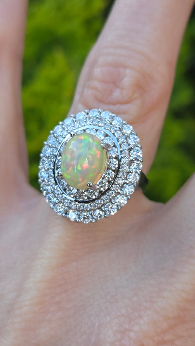 3237 Vintage: 18ct White Gold Opal & Diamond Double Halo Cluster Ring
