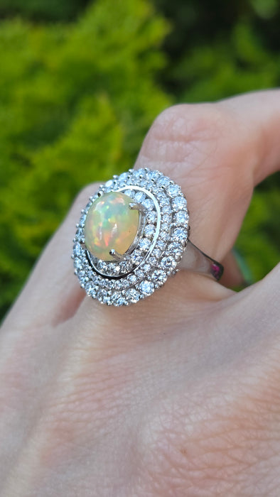 3237 Vintage: 18ct White Gold Opal & Diamond Double Halo Cluster Ring