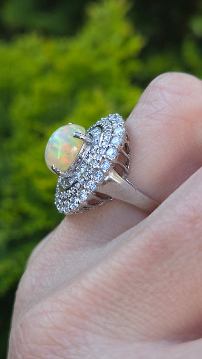 3237 Vintage: 18ct White Gold Opal & Diamond Double Halo Cluster Ring