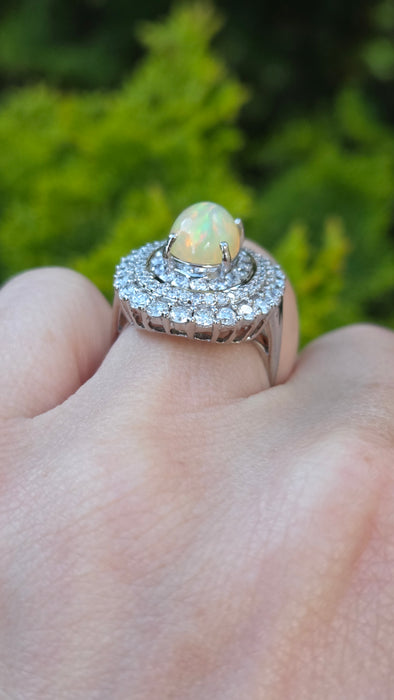 3237 Vintage: 18ct White Gold Opal & Diamond Double Halo Cluster Ring