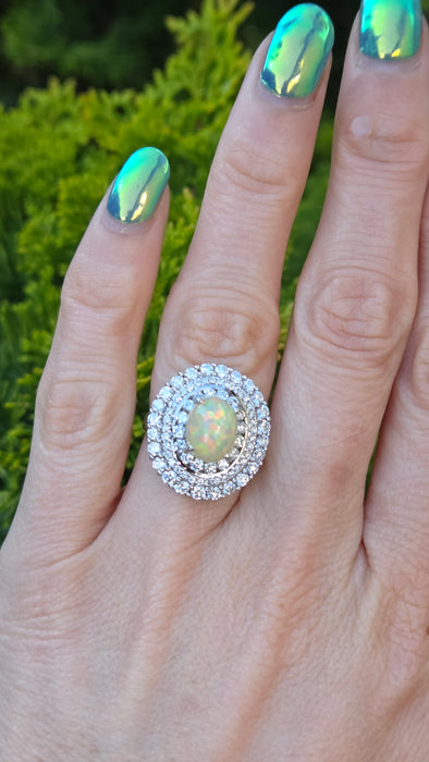 3237 Vintage: 18ct White Gold Opal & Diamond Double Halo Cluster Ring