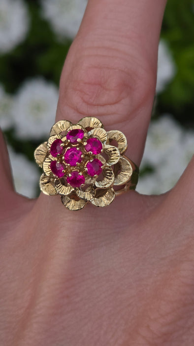 1484 Vintage: 14ct Yellow Gold Ruby Floral Cluster Ring