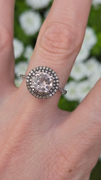 2161 Vintage: 9ct White Gold Morganite & Diamond Double Halo Dress Ring