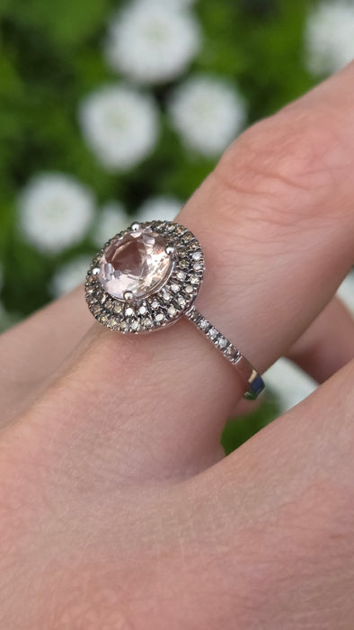 2161 Vintage: 9ct White Gold Morganite & Diamond Double Halo Dress Ring